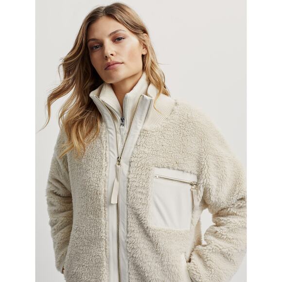 Varley Marney Sherpa Jacket Cream M | Oversized Ribbed Neck Longline Cozy Winter - Picture 3 of 15